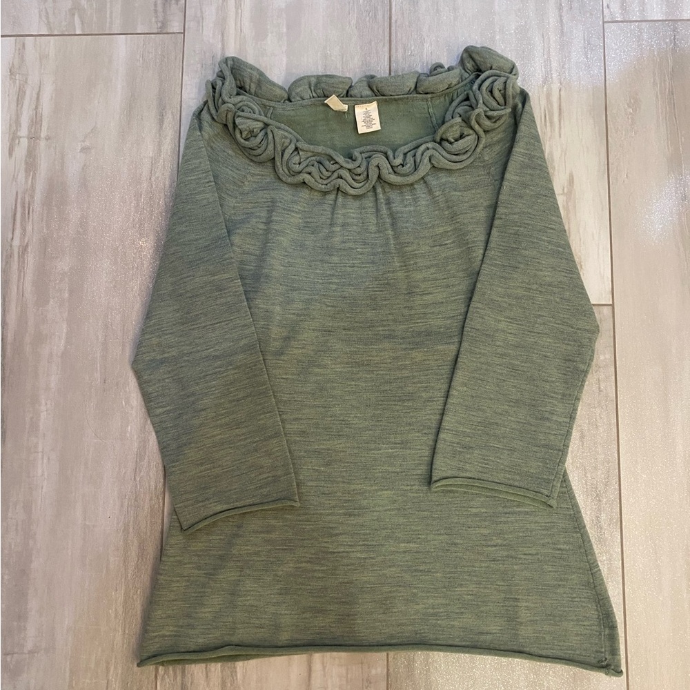 Moth Heathered Olive Green 3/4 Length Sleeve Wool Blend Ruffled Neck Sweater S